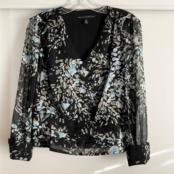 WHBM Floral Metallic Sheer Print Blouse Sz 2 Balloon Sleeve V Lined Black/Blue - Picture 2 of 16
